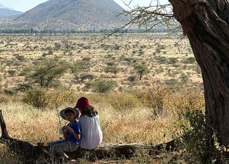 Family safari in Kenya with a child and adult relaxing beneath a tree, surrounded by the scenic African savanna and rugged mountains during a peaceful family wildlife adventure